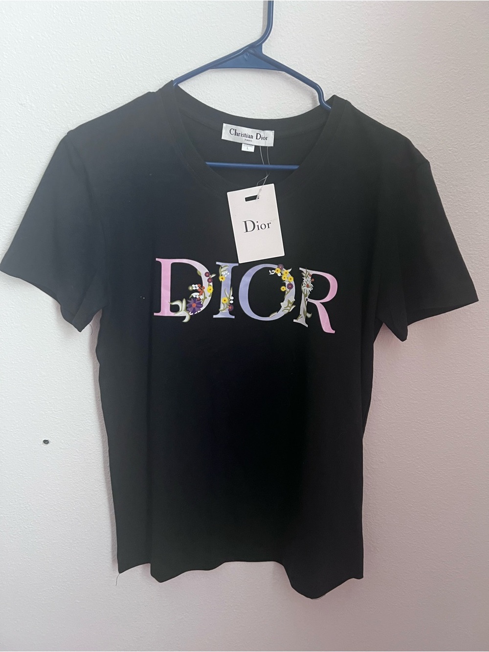 Dior Black Tee with Pink and Yellow Floral Logo